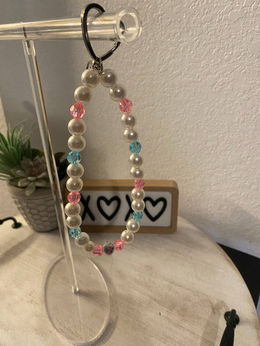 Heart shape key chain with pearls, blue, pink crystal beads.